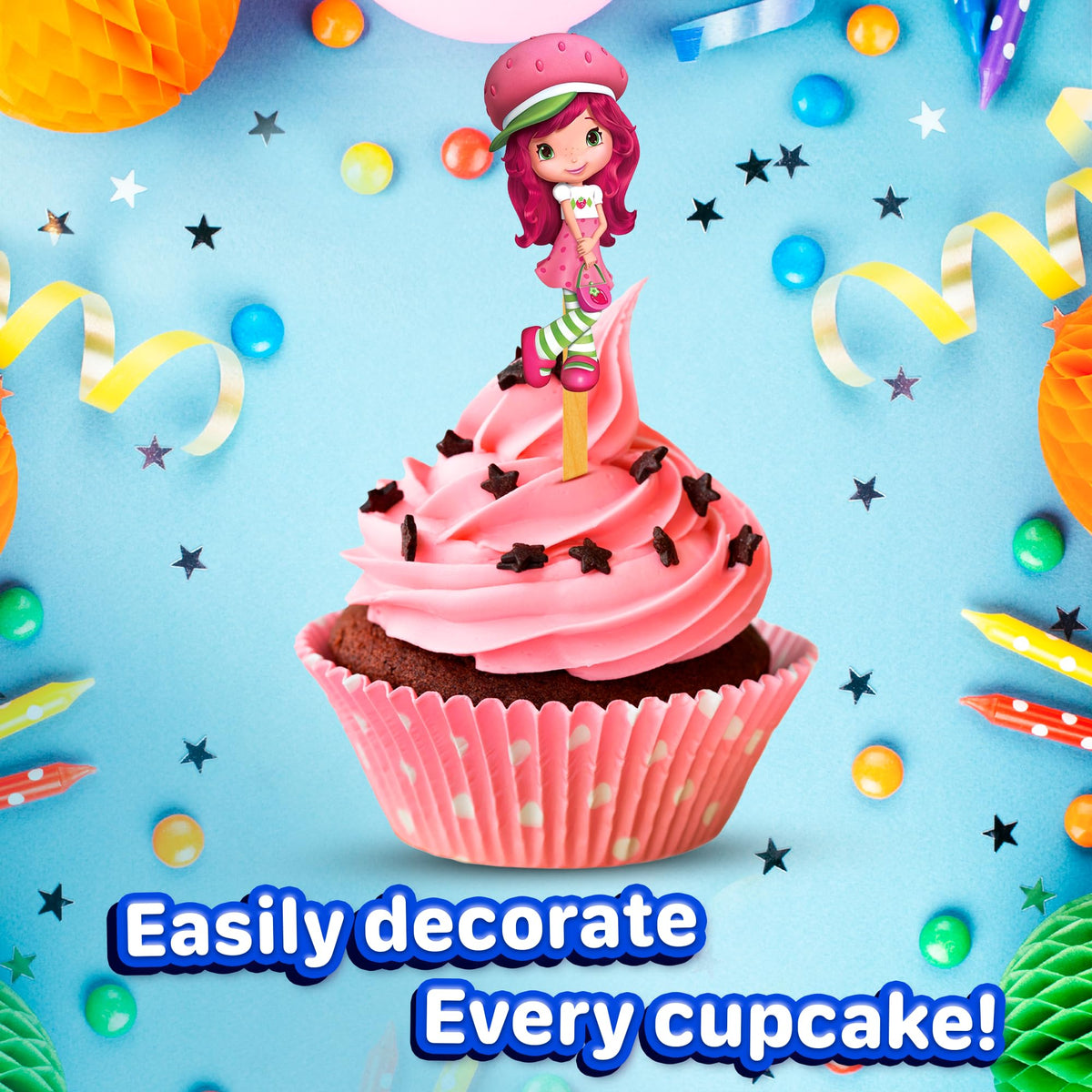 Happy Choices pink birthday cupcake decorations provide quick, sturdy embellishments