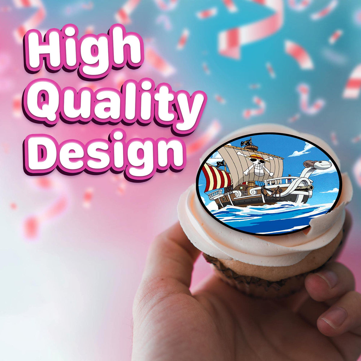 Happy Choices skull flag topper on wafer adds festive detail.