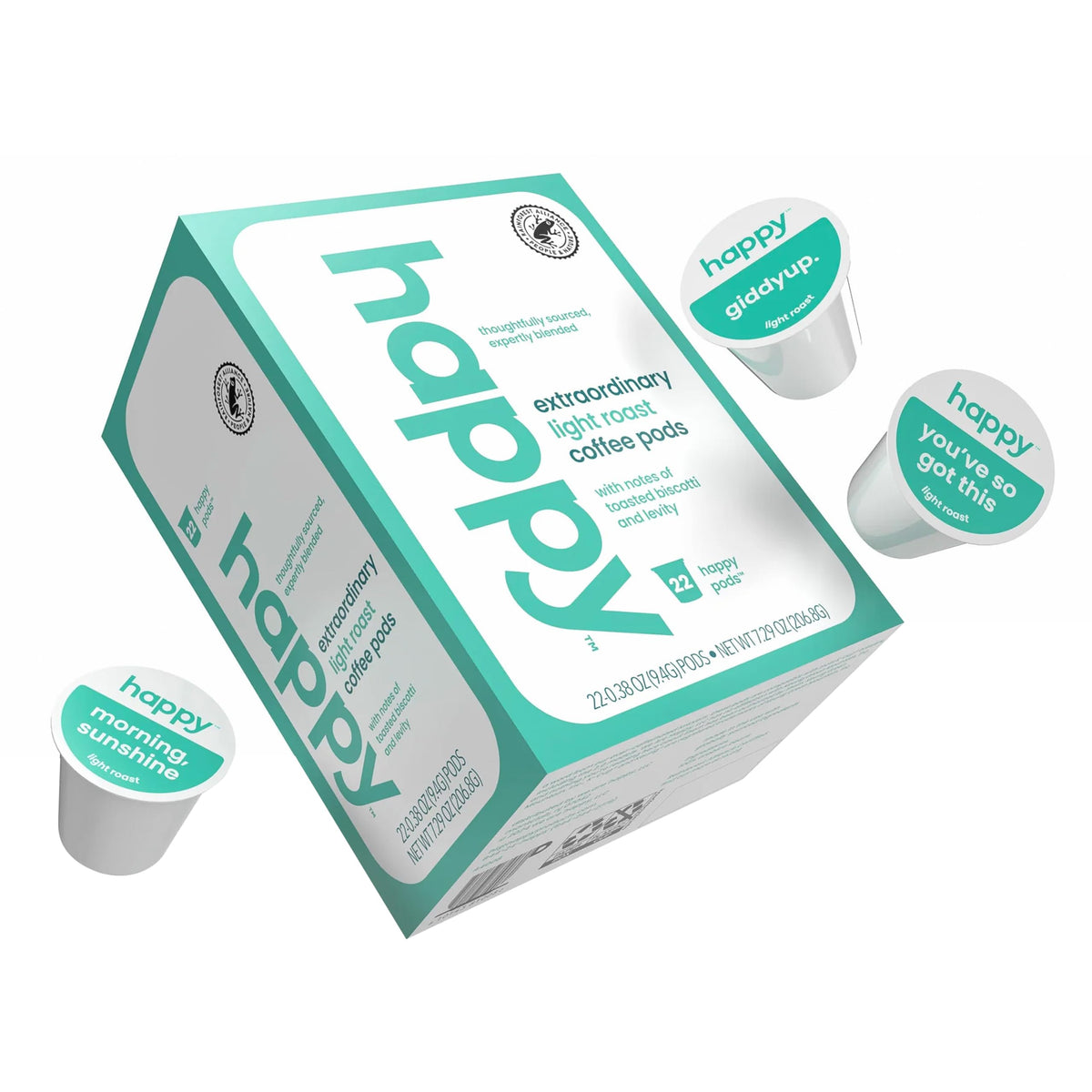 We Are Happy coffee pods packaging highlights convenient single-serve option for quick mornings.