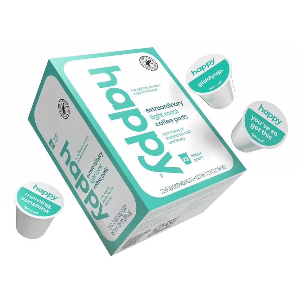 We Are Happy coffee pods packaging highlights convenient single-serve option for quick mornings.