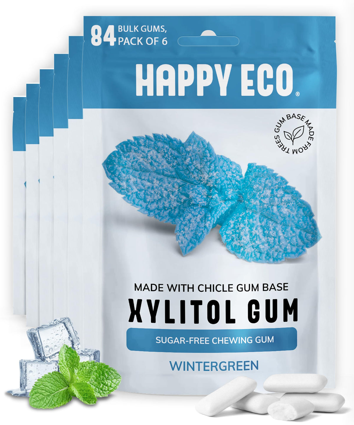Happy Eco Sugar Free Chewing Gum 6-pack on display for everyday freshness