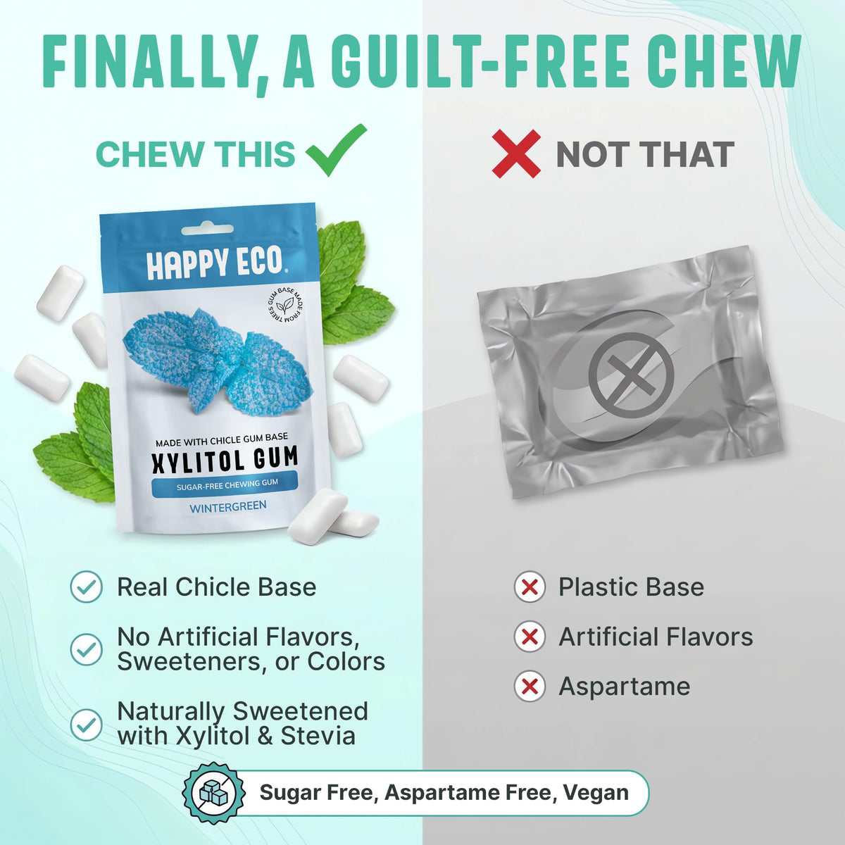 Happy Eco gum pieces close-up ready to chew with natural flavor