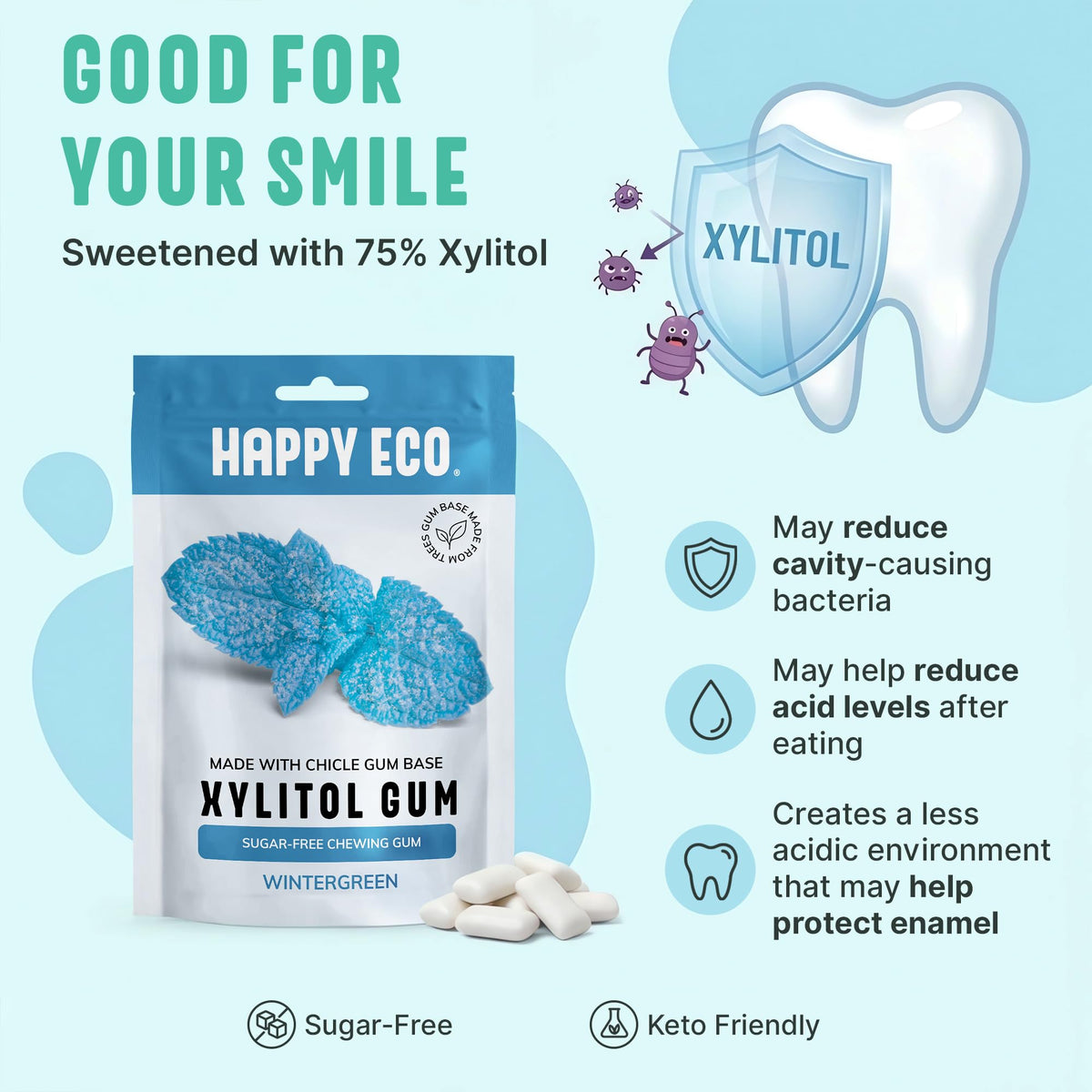 Happy Eco chicle-based gum base close-up highlighting natural ingredients