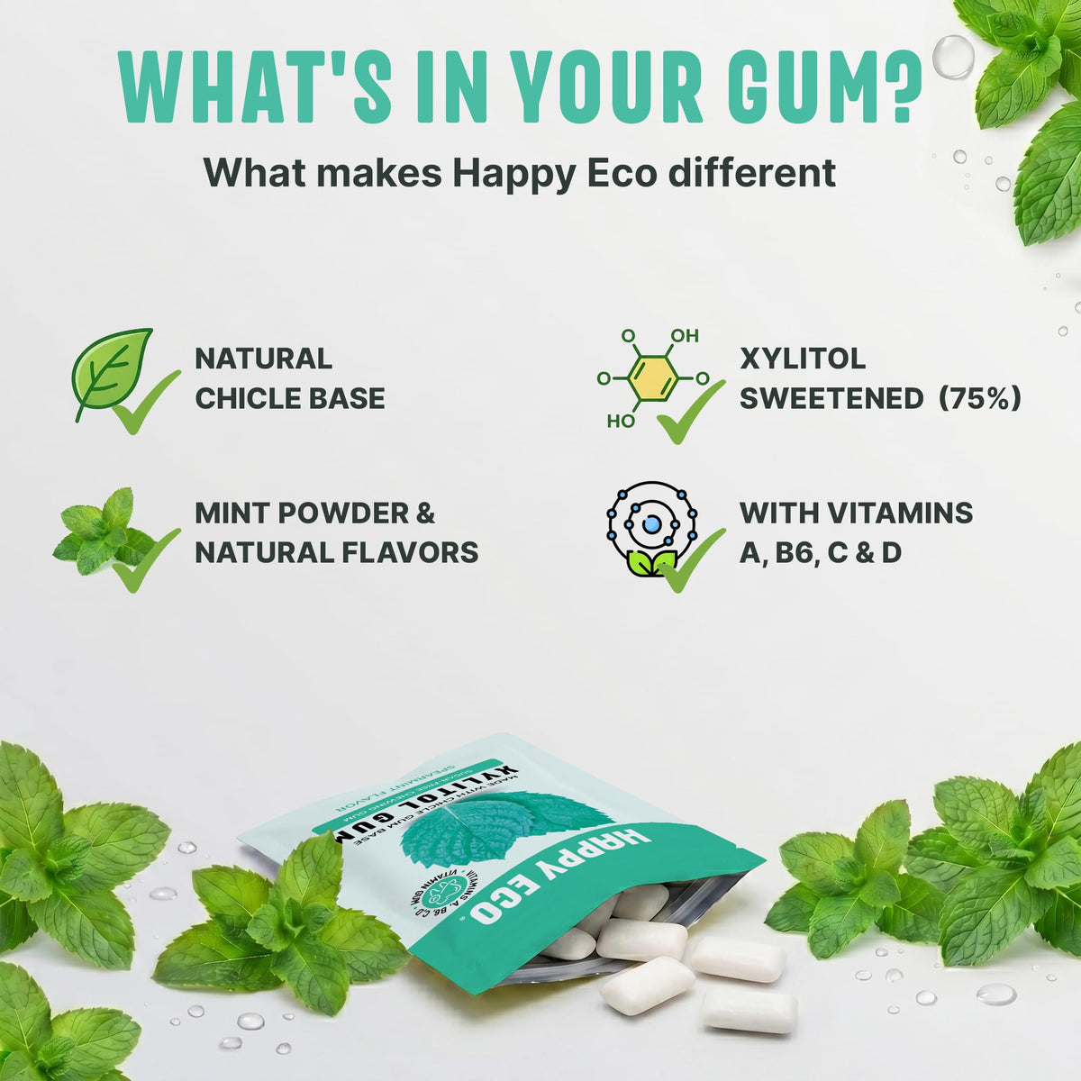 HAPPY ECO Xylitol gum spearmint flavor close-up