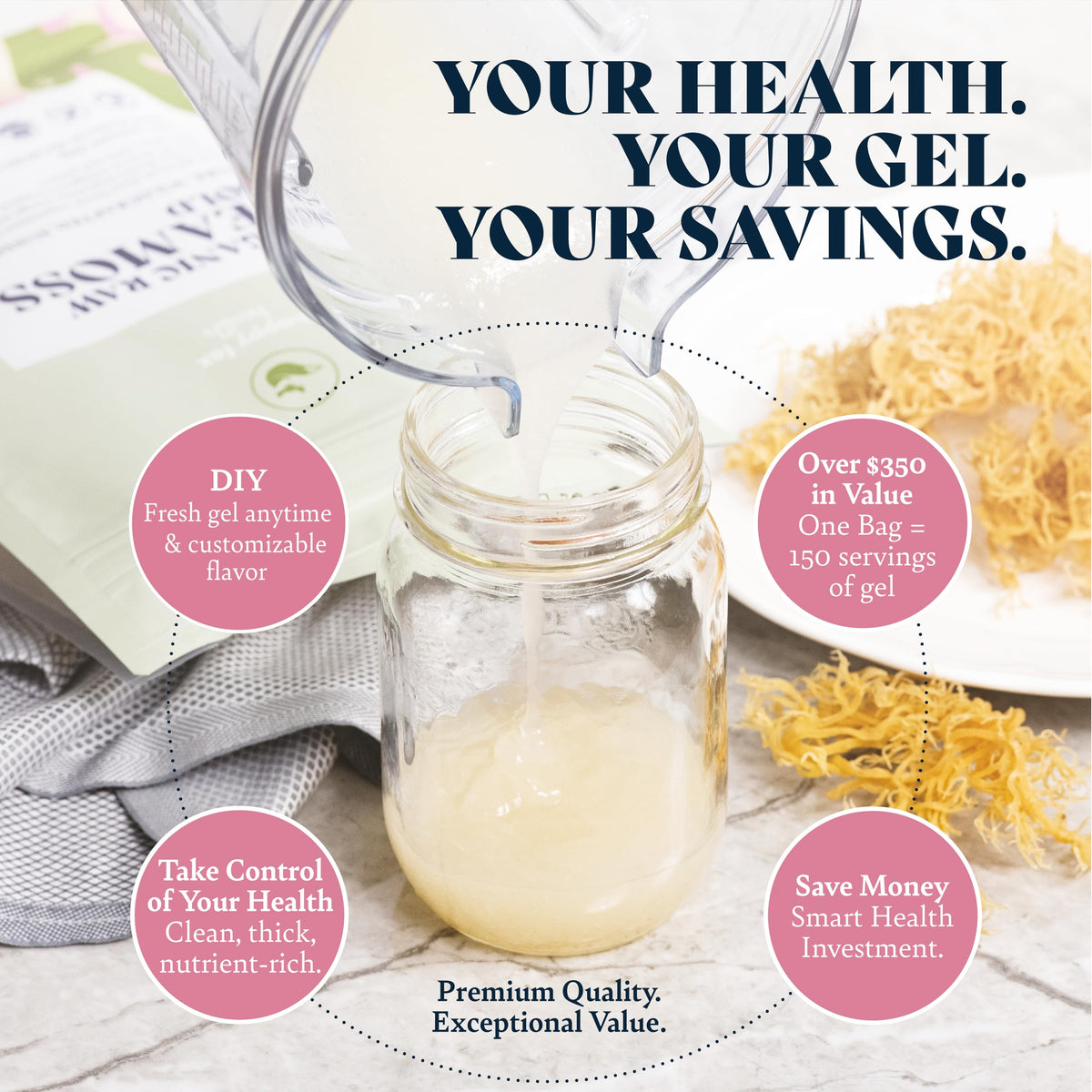 Happy Fox Sea Moss Gel Pour captures smooth consistency ideal for smoothies.