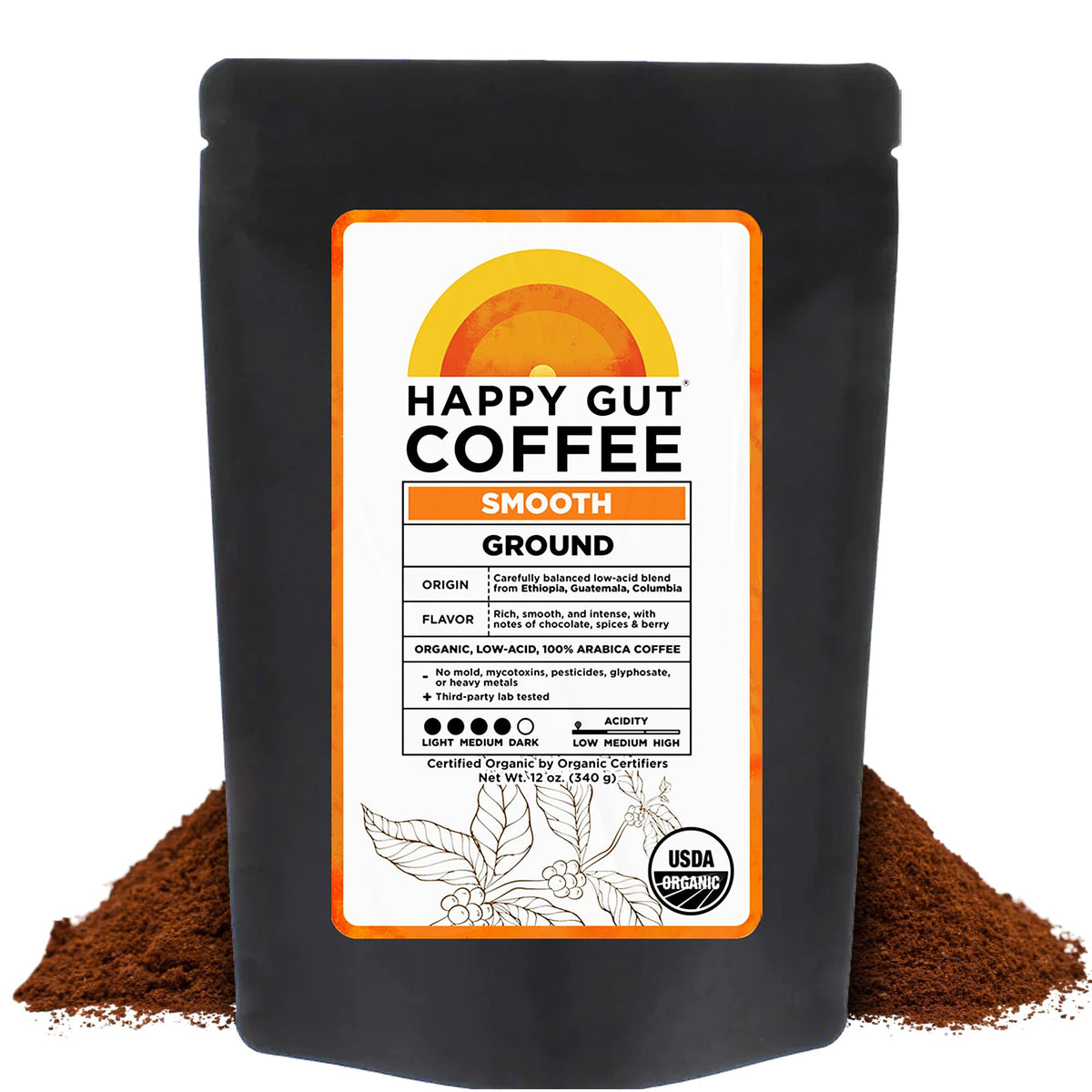 Happy Gut coffee bag front promoting organic, gut-friendly morning brew.
