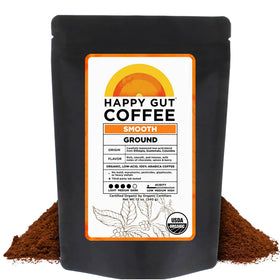 Happy Gut coffee bag front promoting organic, gut-friendly morning brew.