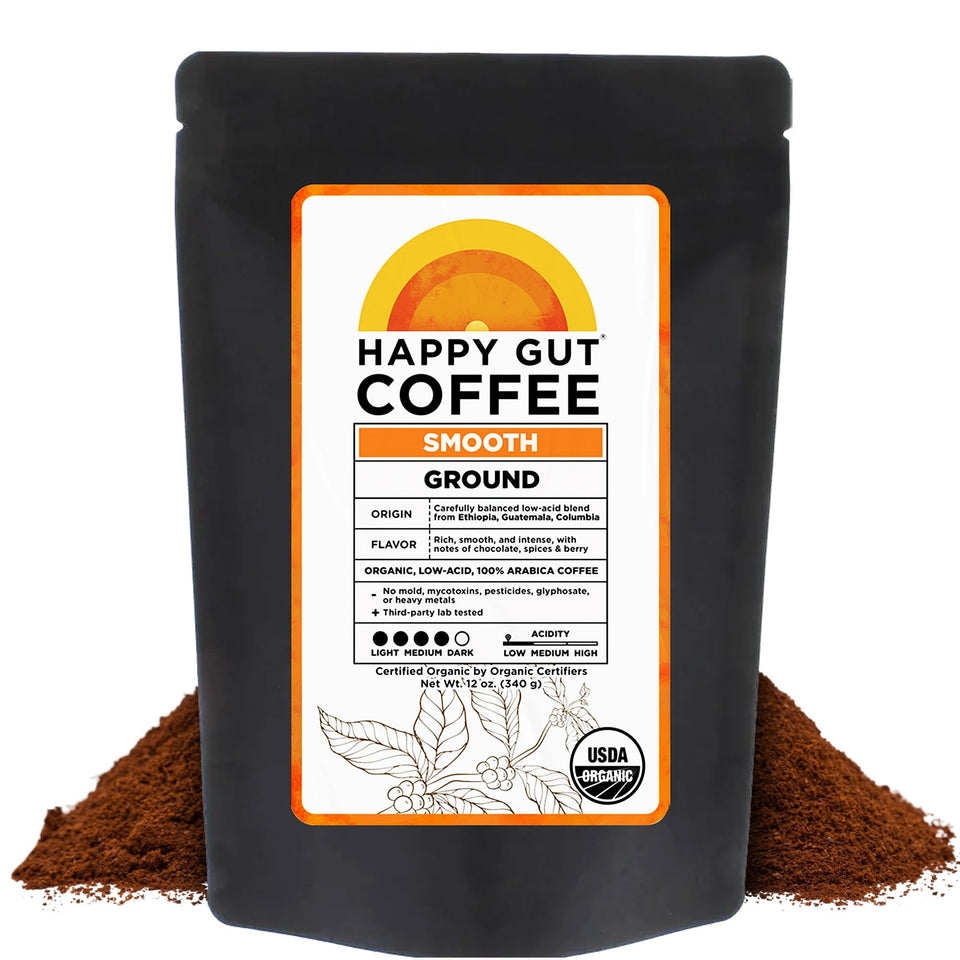 Happy Gut coffee bag front promoting organic, gut-friendly morning brew.