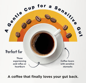 Happy Gut brew-pour captures a steady pour for bold, low-acid coffee.