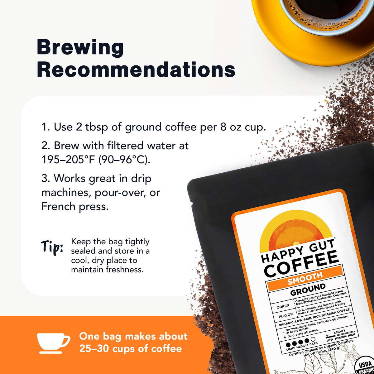 Happy Gut dark-chocolate-notes profile enriches daily coffee ritual.
