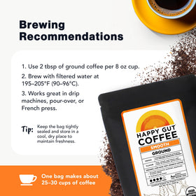 Happy Gut dark-chocolate-notes profile enriches daily coffee ritual.