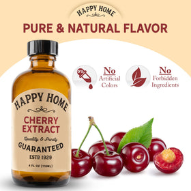 Happy Home Natural Cherry Flavor bottle side shows product details.