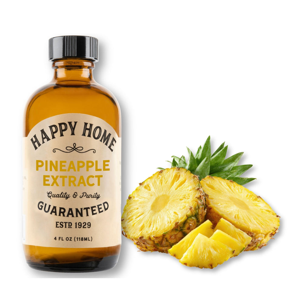 Happy Home Pineapple Extract bottle highlighting tropical flavor for baking