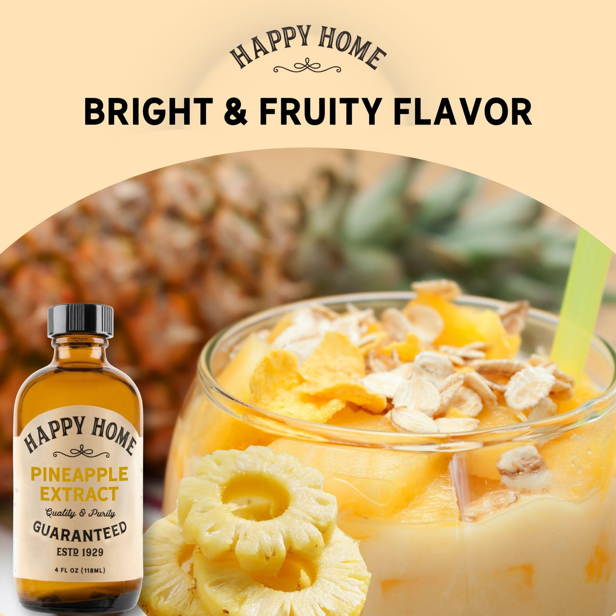 Happy Home Pineapple Extract in a smoothie, suggesting tropical flavor