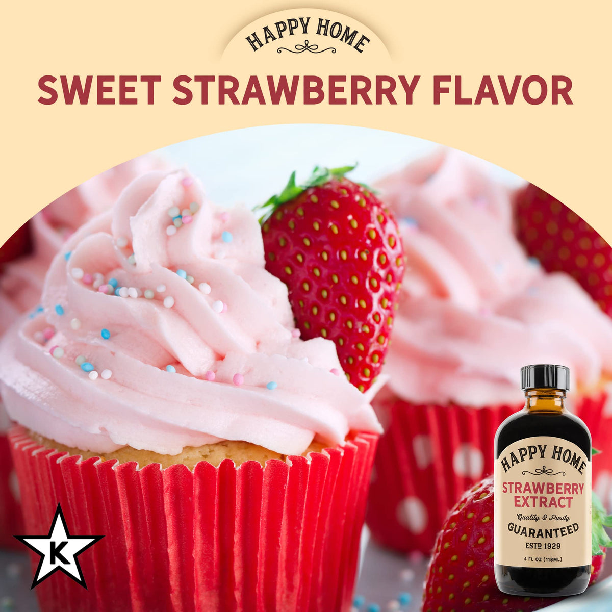 Happy Home strawberry flavor dessert-use indicates ideal glaze, icing, and fillings.