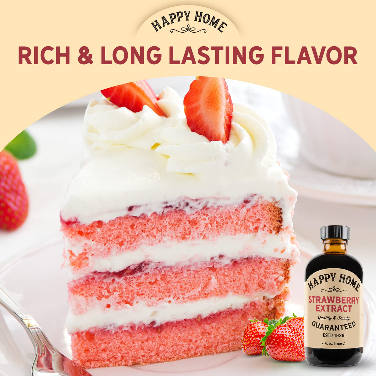 Happy Home strawberry flavor made in USA highlights quality and freshness.