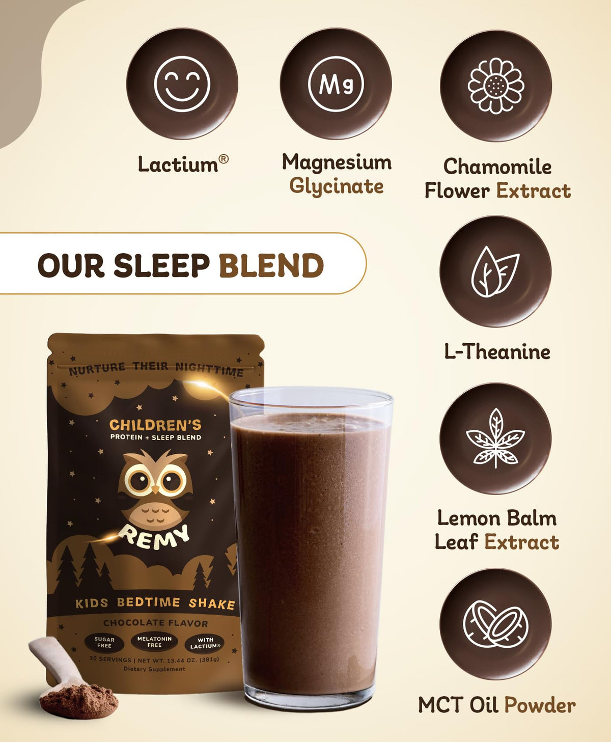 Happy Owl Remy sleep mix dissolving in milk, kid-friendly nourishment before bed.