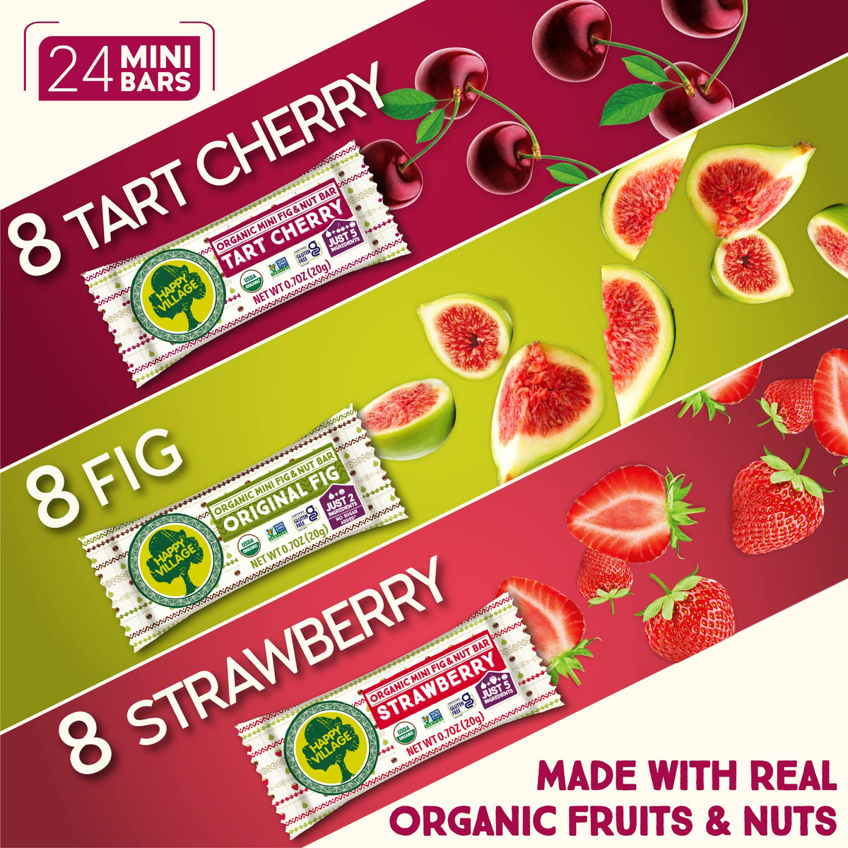 Happy Village Mini Strawberry Bar close-up for a berry-flavored on-the-go snack