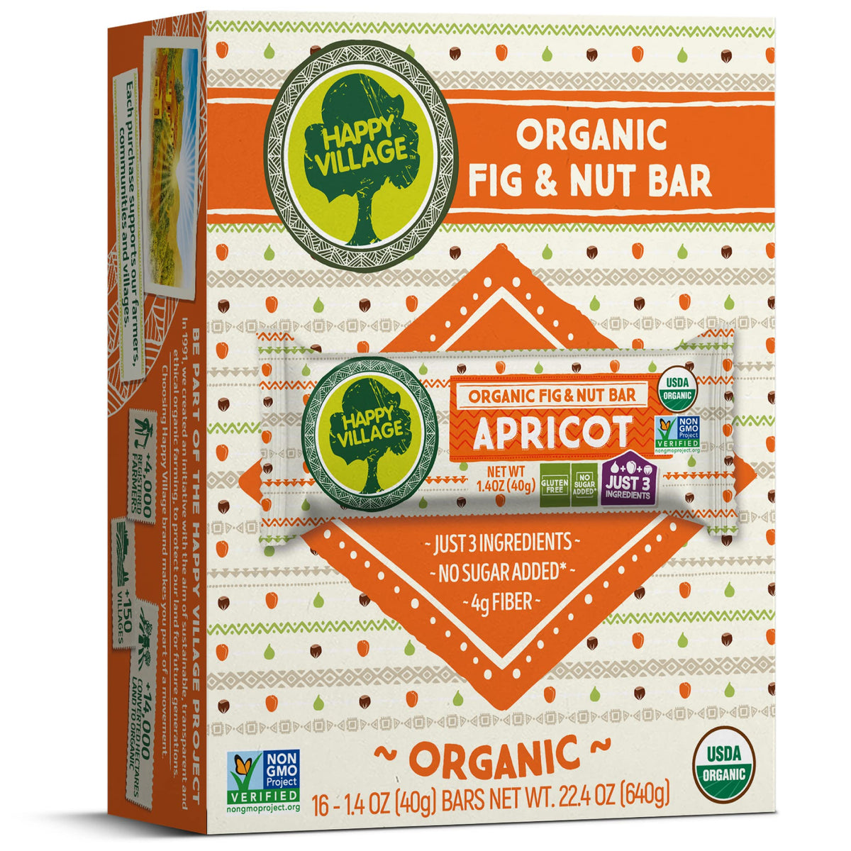 Happy Village organic-fig-nut-bar-apricot closeup for a clean-label, on-the-go snack.