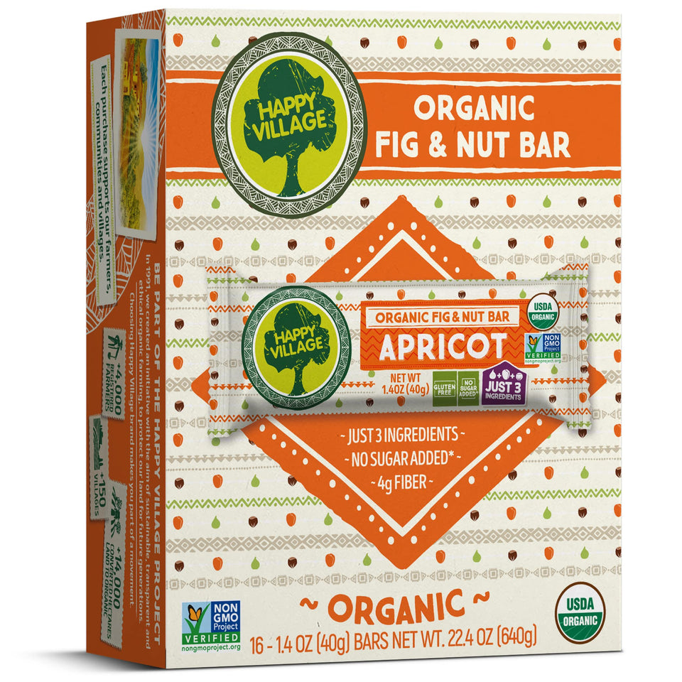 Happy Village organic-fig-nut-bar-apricot closeup for a clean-label, on-the-go snack.