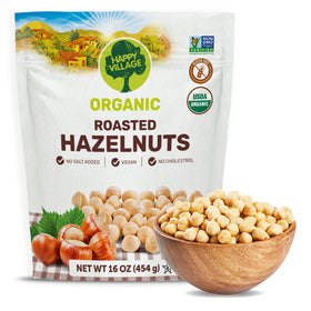 Happy Village roasted hazelnuts 16oz bag offer clean crunch and easy freshness.