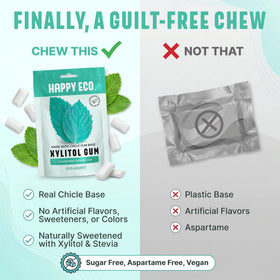 HAPPY ECO natural chicle base close-up highlights clean ingredients