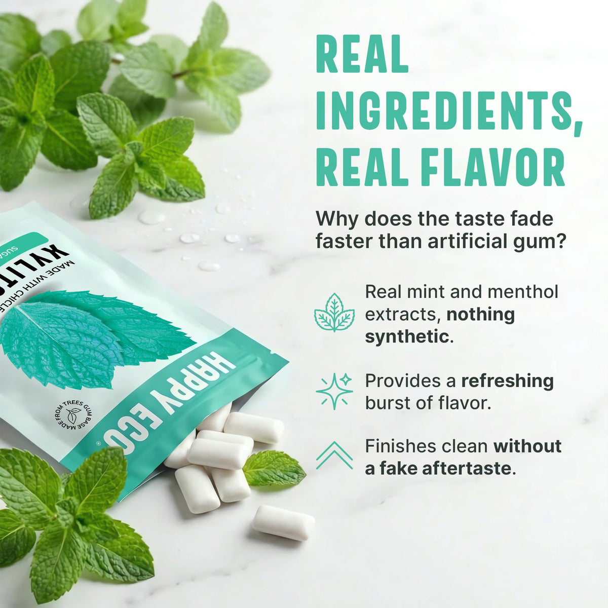 HAPPY ECO gum with xylitol and stevia for sugar-free sweetness