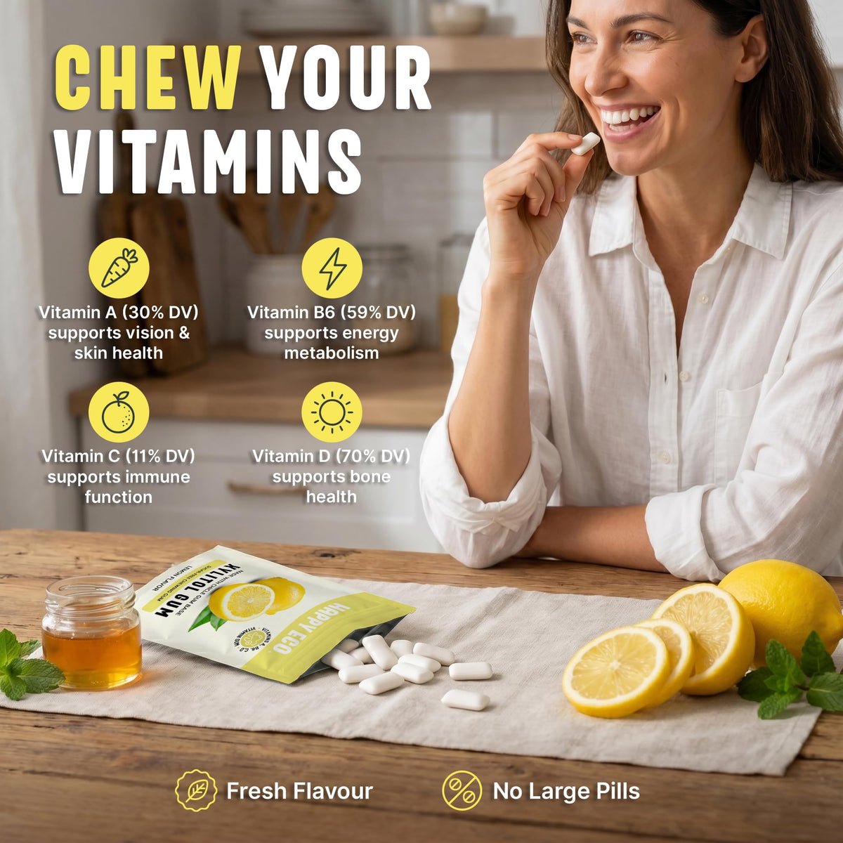 HAPPY ECO Xylitol Gum Lemon 4-pack back, vitamin amounts shown
