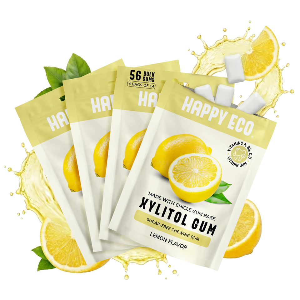 HAPPY ECO Xylitol Gum Lemon 4-pack front view, sugar-free convenience