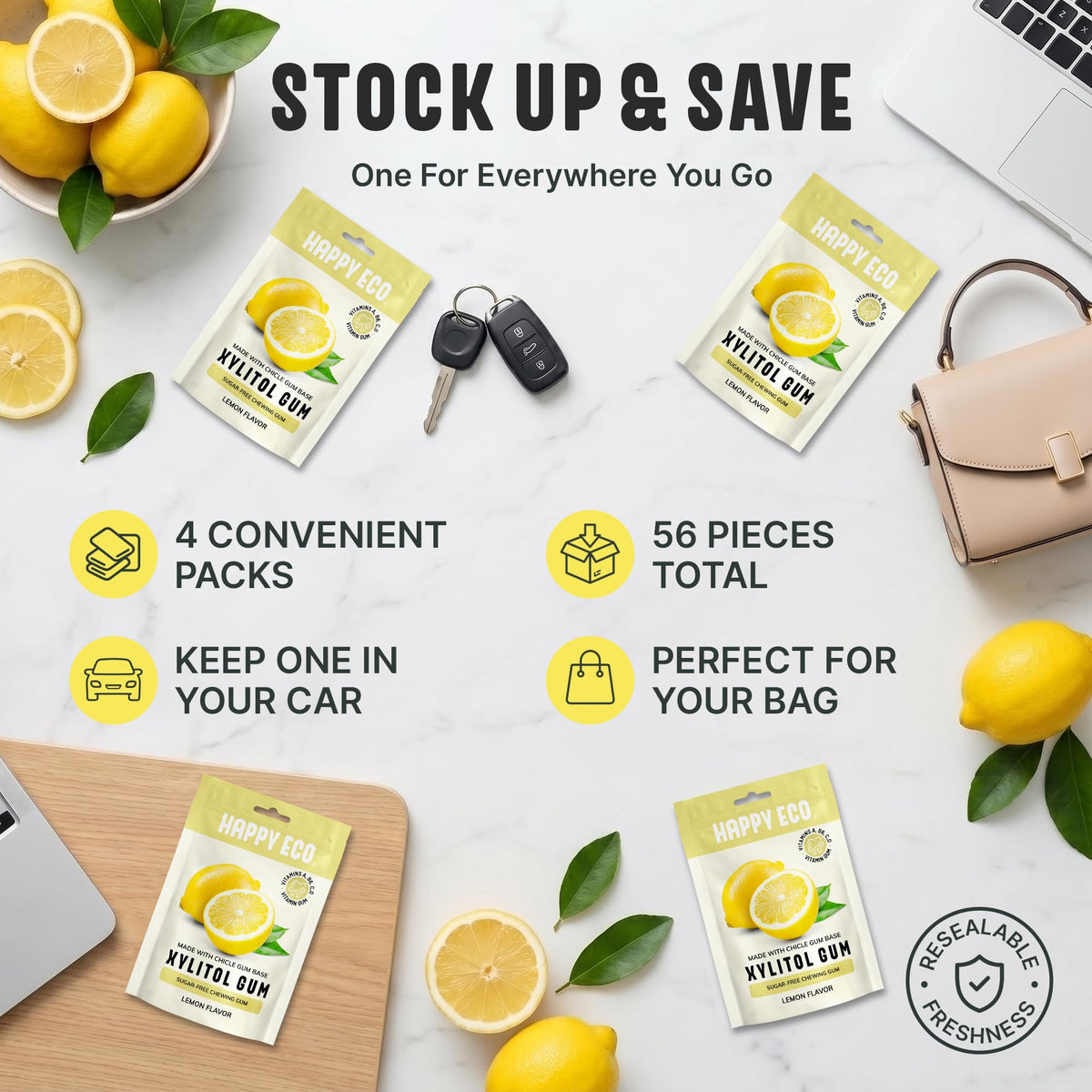 HAPPY ECO Xylitol Gum Lemon on the go, convenient daily chew