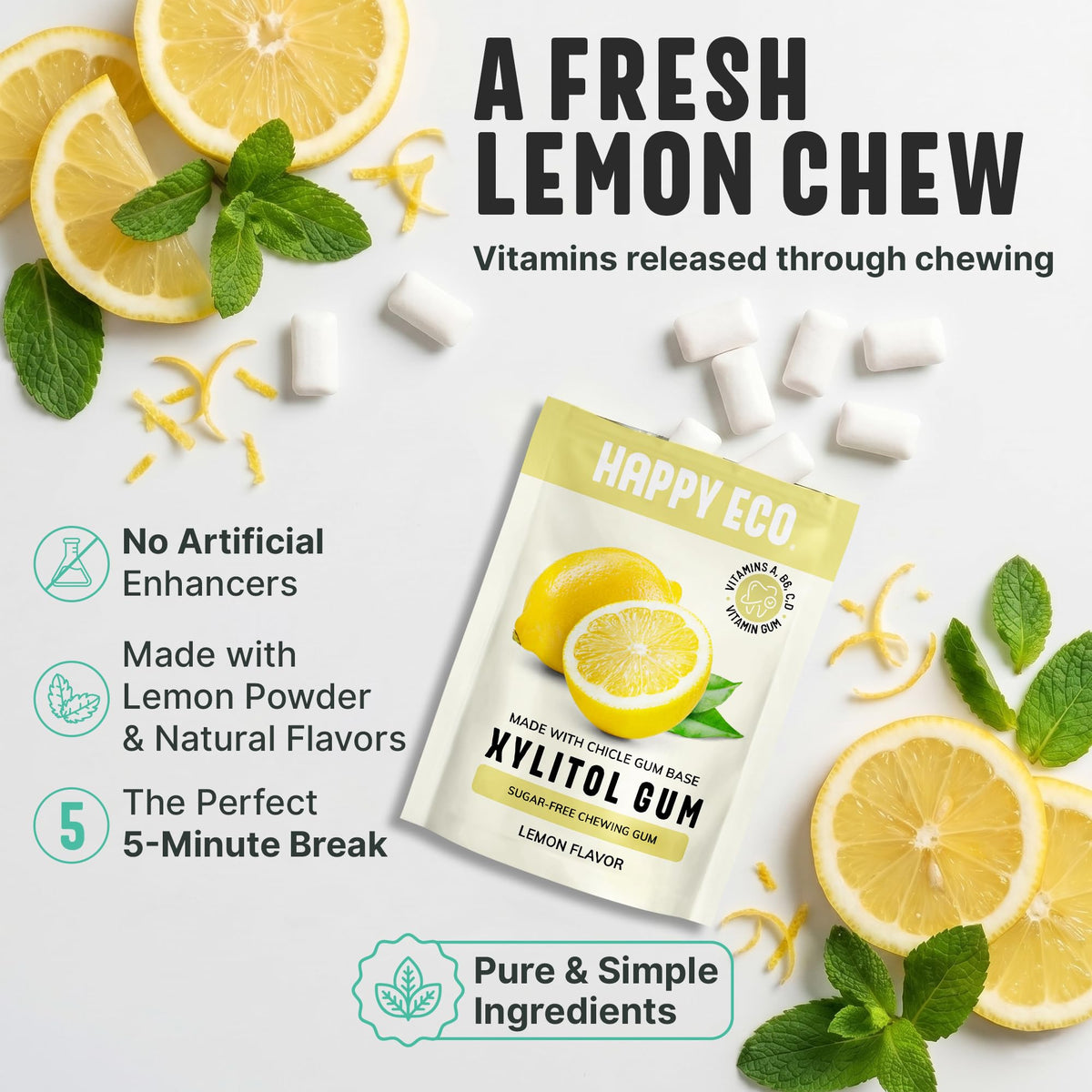 HAPPY ECO Xylitol Gum Lemon piece close-up showing natural chicle texture