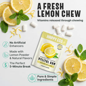 HAPPY ECO Xylitol Gum Lemon piece close-up showing natural chicle texture