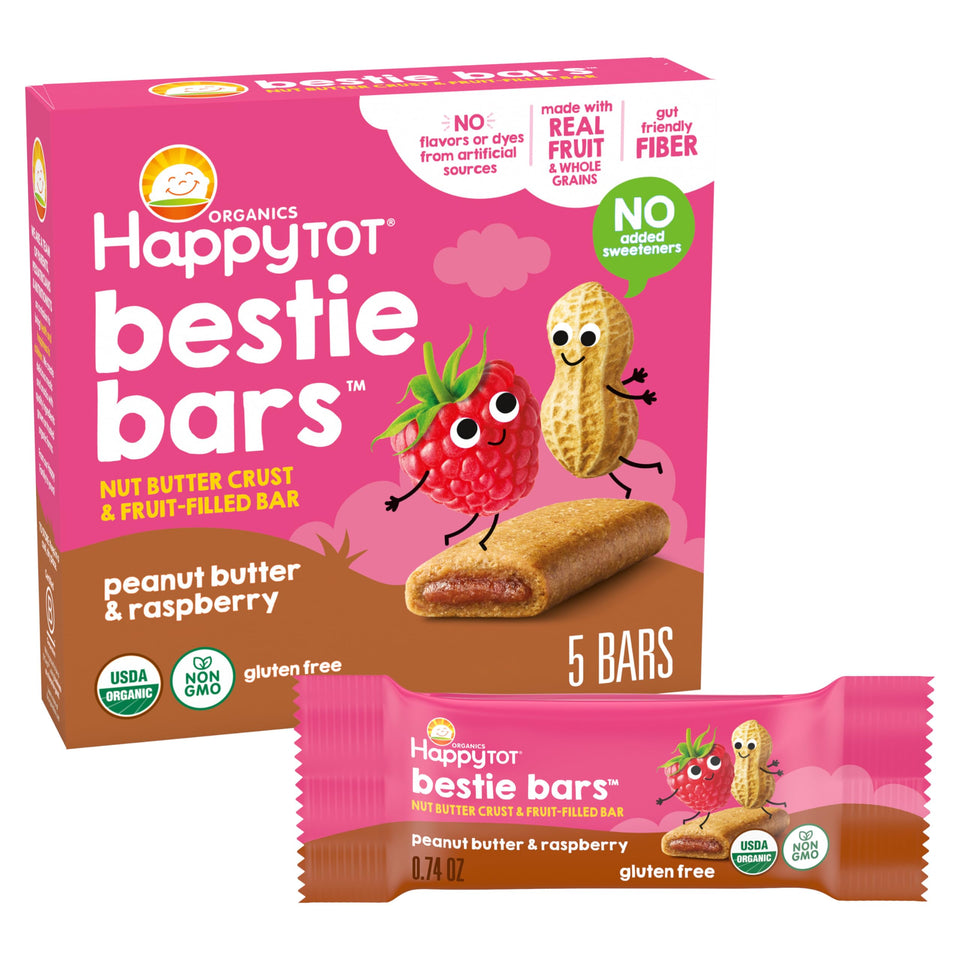 Happy Tot Bestie Bars with peanut butter and raspberry crust for toddler-friendly snacking on the go.