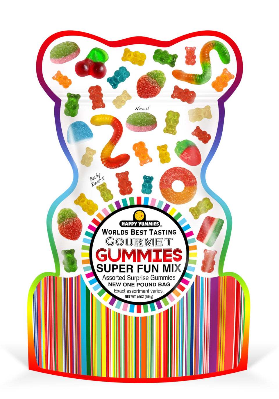Happy Yummies world’s best tasting gummies in resealable bear bag for freshness.