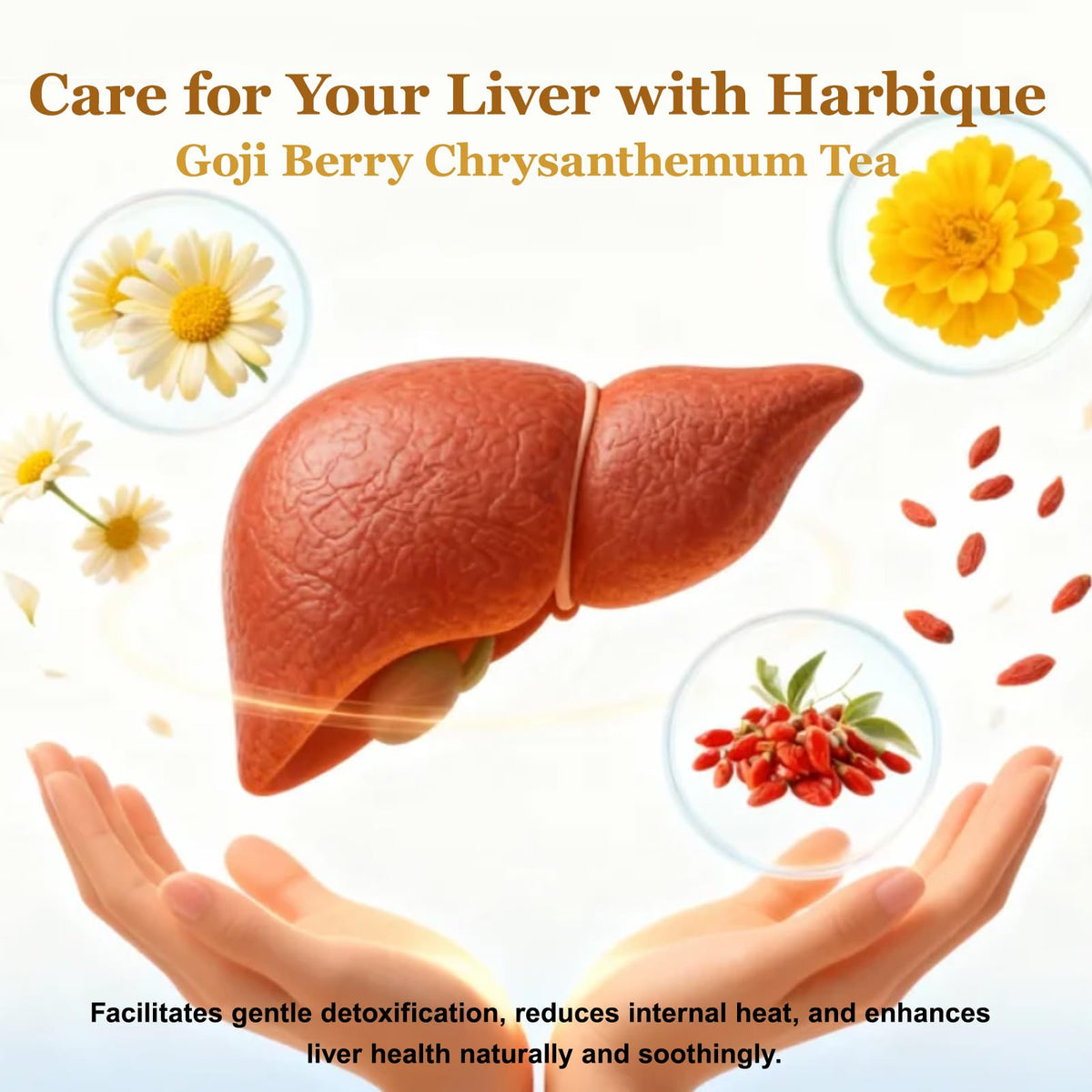 Harbique chrysanthemum-goji tea with bright floral aroma in a cup.