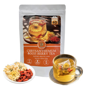 Harbique organic chrysanthemum goji tea bag ready for a soothing cup.