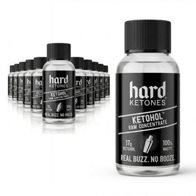 Hard Ketones Raw Ketohol concentrate bottle front showing compact travel size for on-the-go use.
