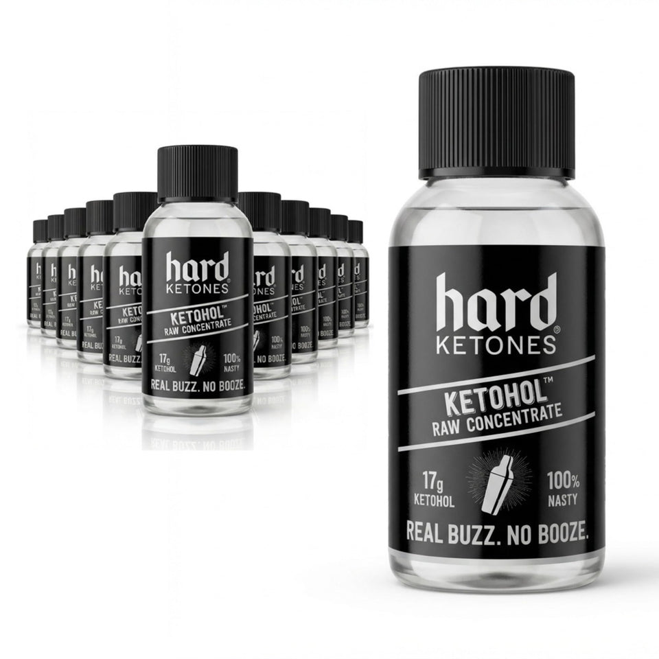 Hard Ketones Raw Ketohol concentrate bottle front showing compact travel size for on-the-go use.