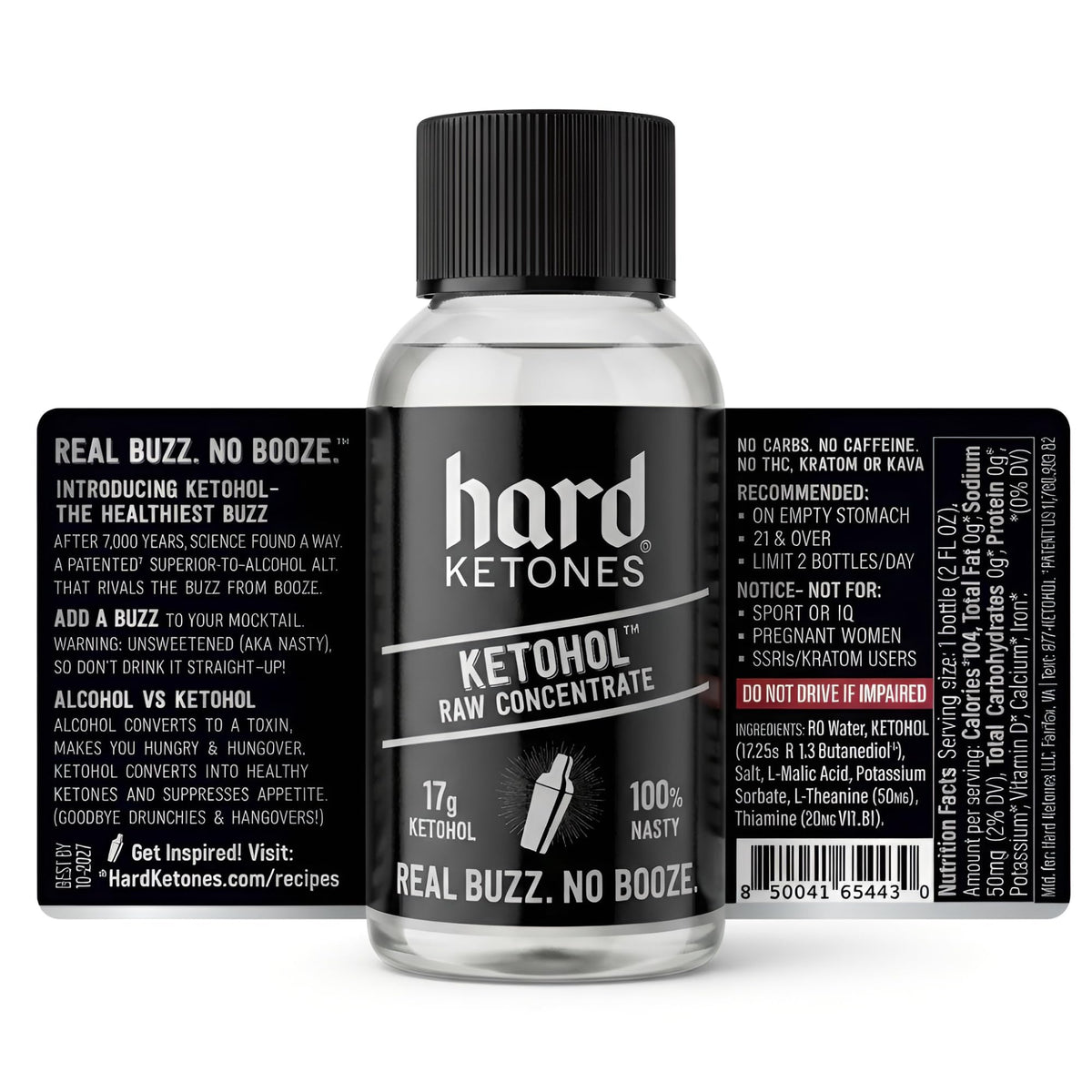 Hard Ketones Raw Ketohol concentrate bottle being poured for easy serving.