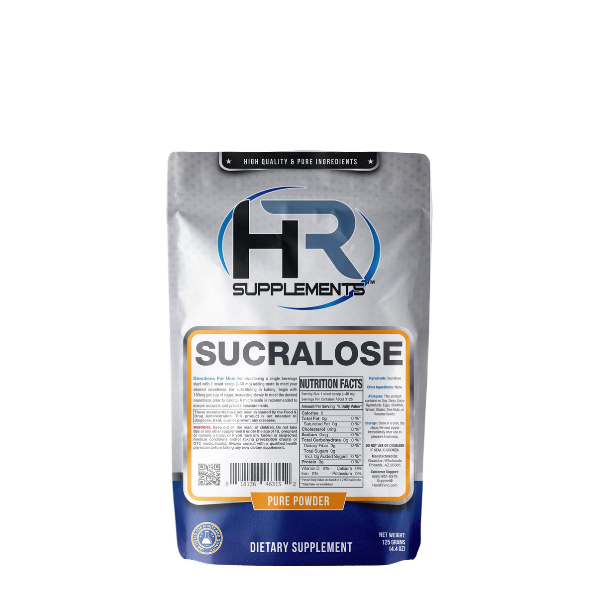 Hard Rhino Sucralose Powder packaging showing zero-calorie sweetness.