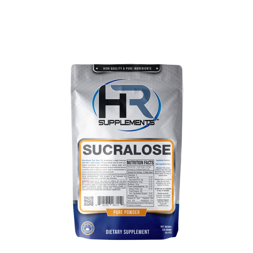 Hard Rhino Sucralose Powder packaging showing zero-calorie sweetness.