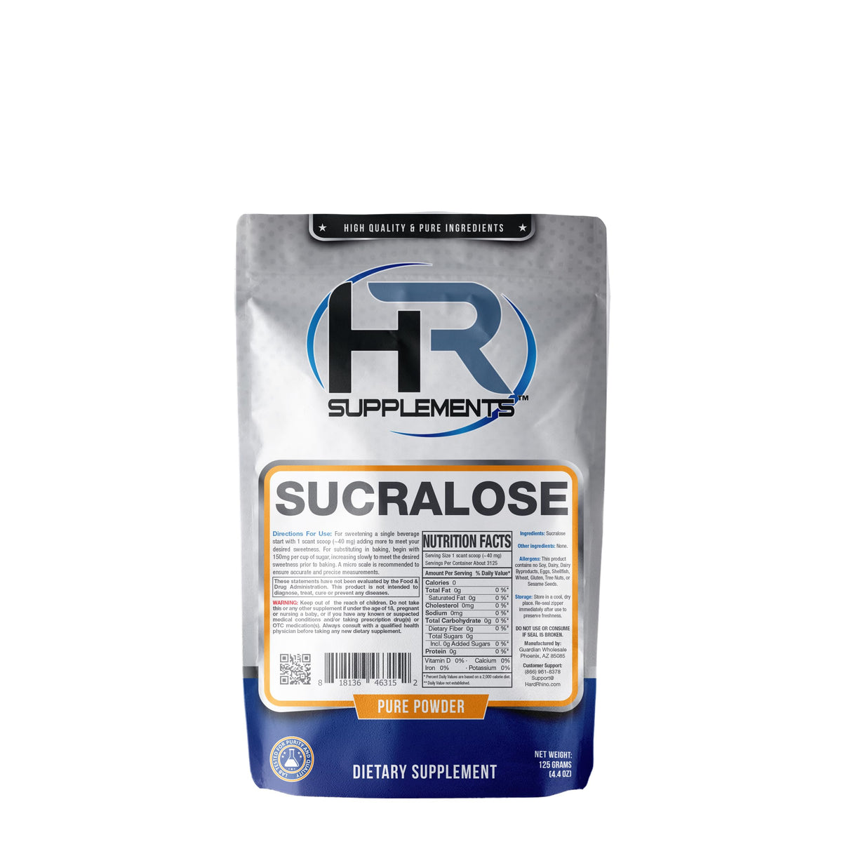 Hard Rhino sucralose powder bottle closeup highlights a compact, keto-friendly sweetener.