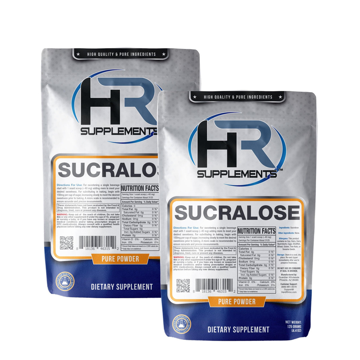 Hard Rhino sucralose powder with scoop shows precise calorie-free sweetness for daily beverages.