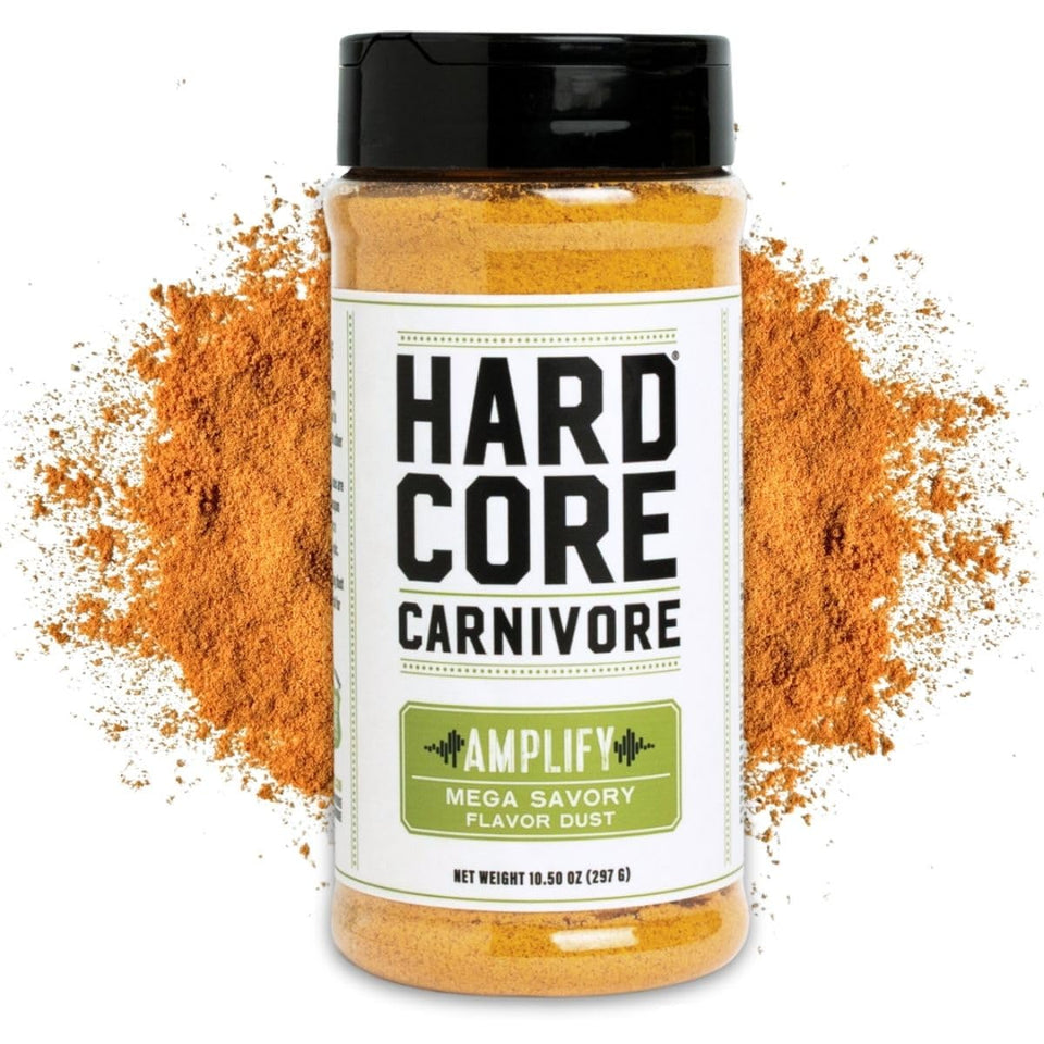 Hardcore Carnivore Amplify bottle pour showing bold umami for meats and veggies