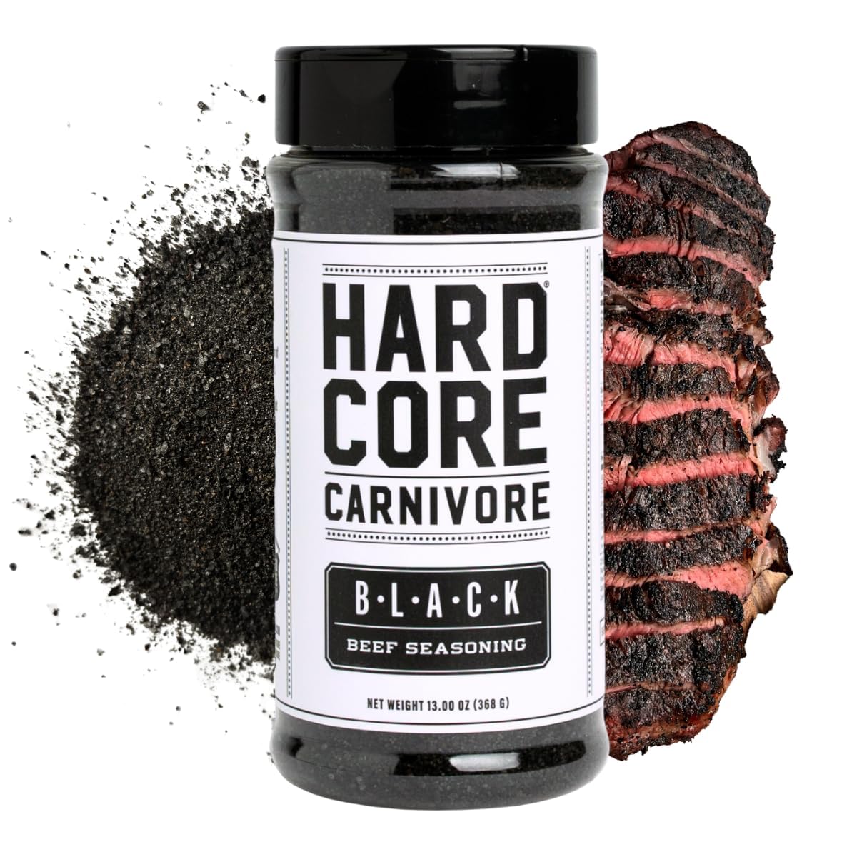 Hardcore Carnivore Black activated charcoal rub bottle — ideal for smoky beef crust.