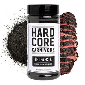 Hardcore Carnivore Black activated charcoal rub bottle — ideal for smoky beef crust.