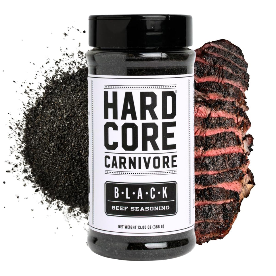 Hardcore Carnivore Black activated charcoal rub bottle — ideal for smoky beef crust.
