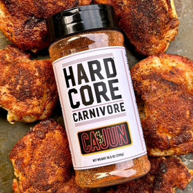 Close up of Hardcore Carnivore Cajun Seasoning label on Texas made blend