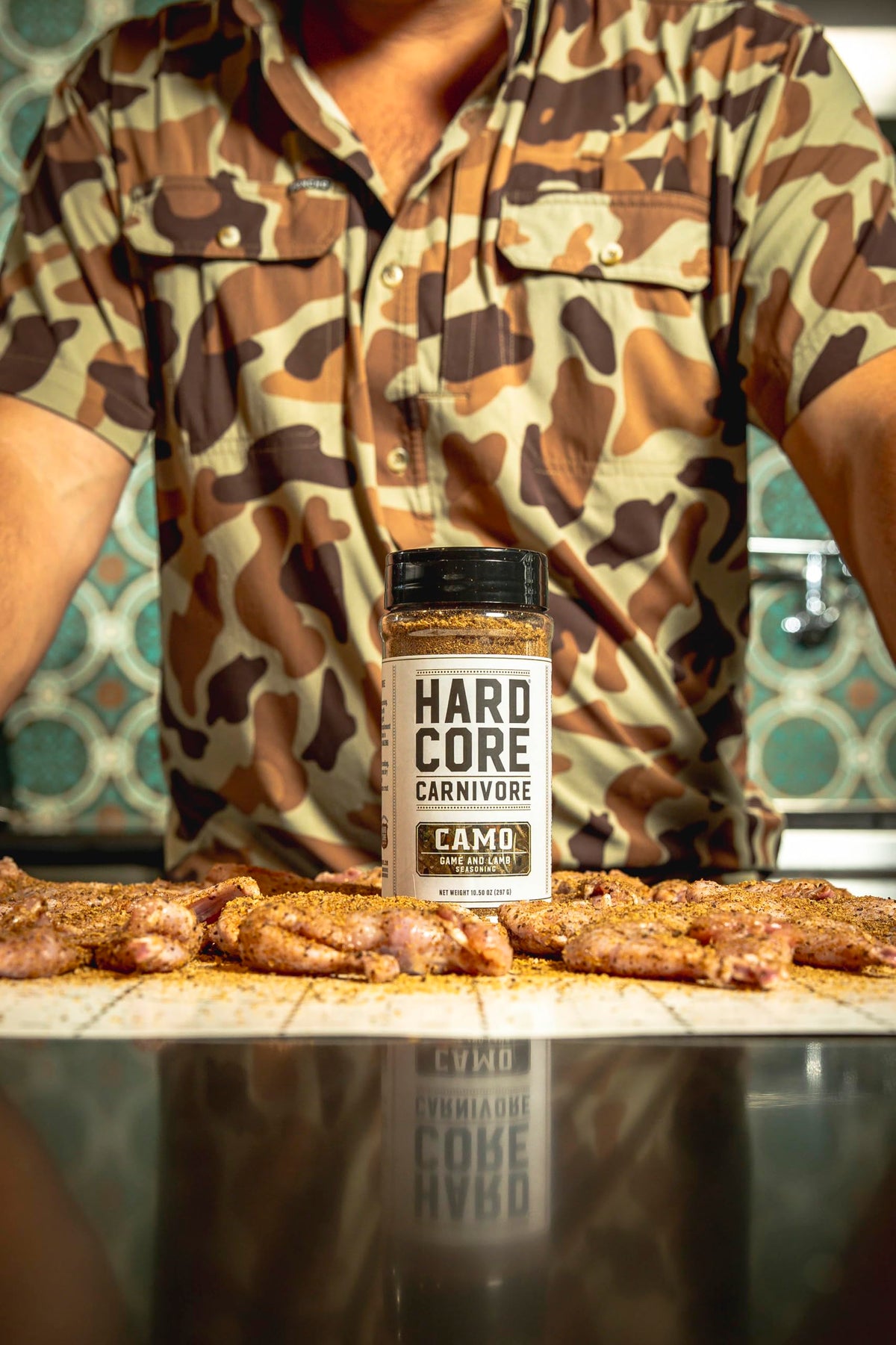 Hardcore Carnivore Camo in a smoker for intense, smoky flavor.