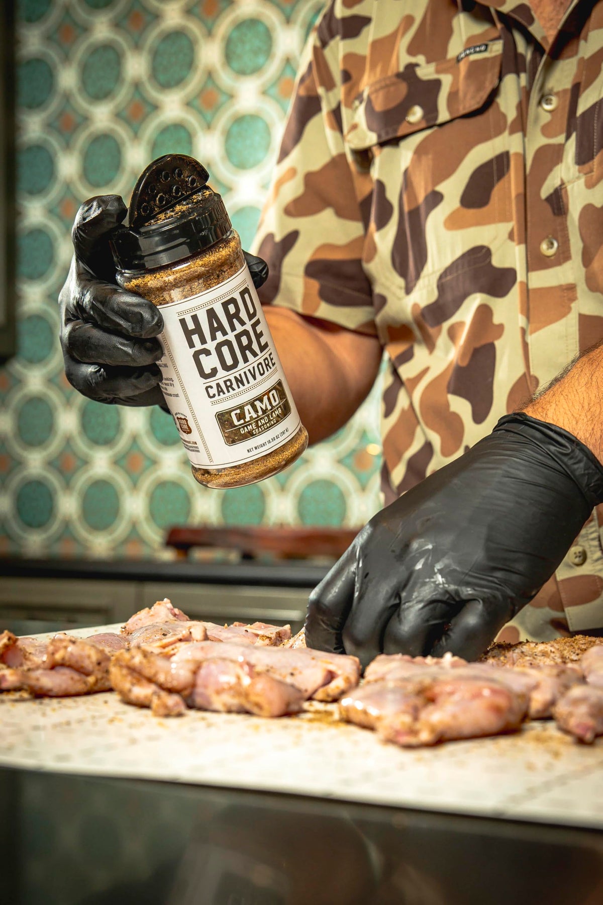 Hardcore Carnivore Camo spice bottle close-up highlights premium seasoning.